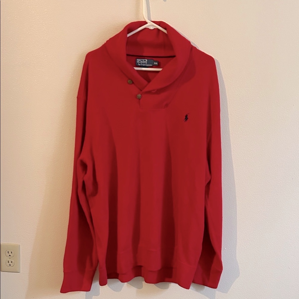 Polo by Ralph Lauren Red Shawl Collar 2 Button Pullover Logo Sweatshirt XXL